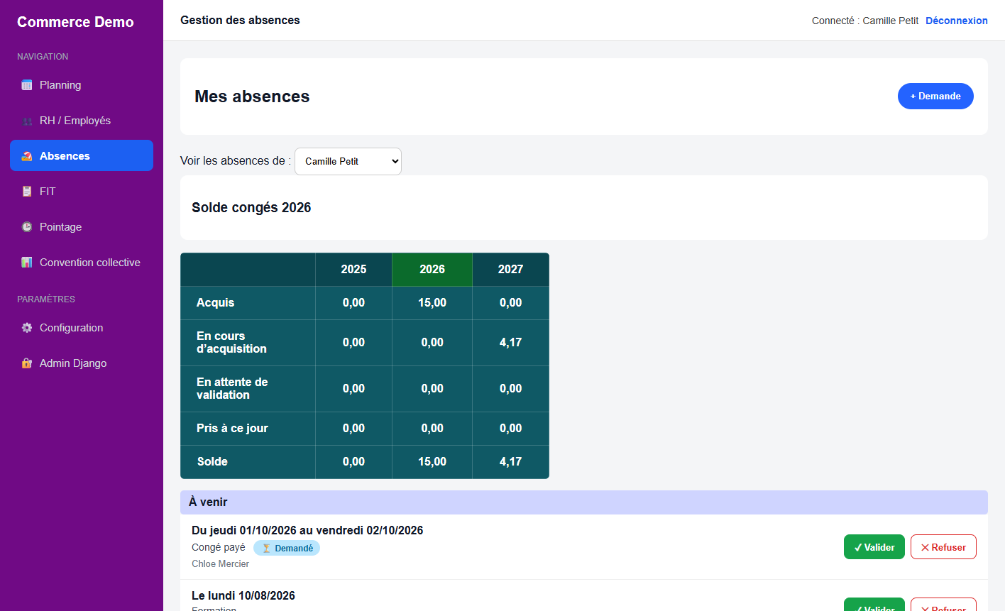 Capture d'écran de la gestion des absences de l'ERP sur mesure