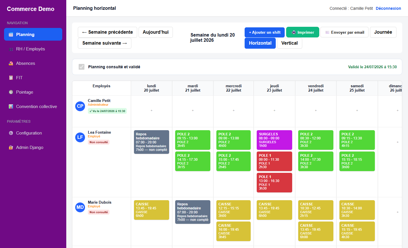 Capture d'écran du planning horizontal de l'ERP sur mesure