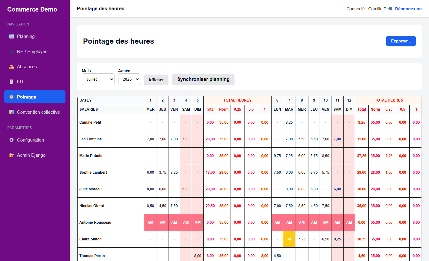 Capture d'écran du pointage des heures de l'ERP sur mesure